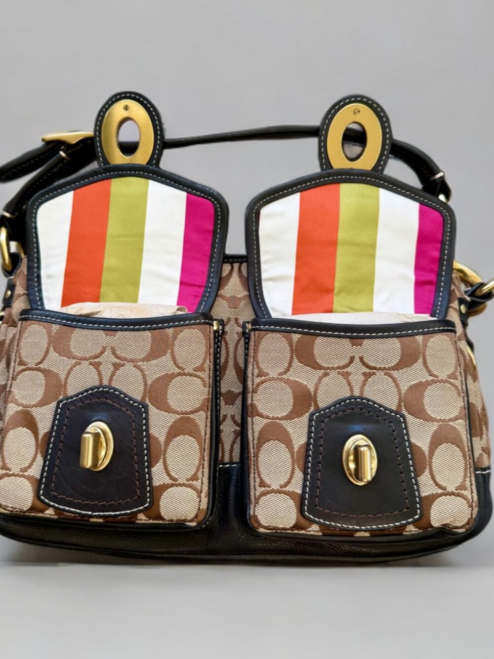 Coach Legacy Tan Signature Black Leather Trim Double Turnlock Satchel Bag 10339 - Picture 7 of 16